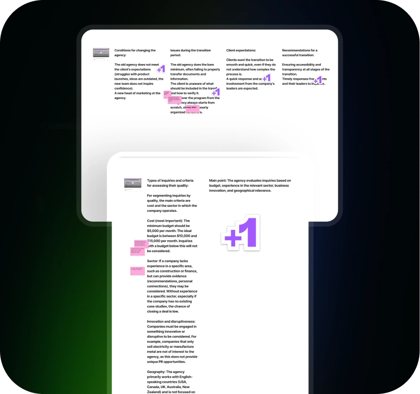 Document screenshot with dense black text, pink highlighted passages, purple annotations, and a large “+1” marker on a dark gradient background.