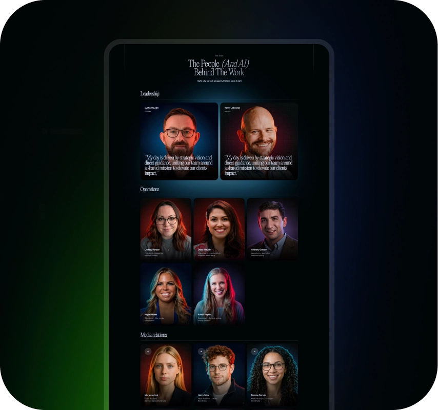 Dark webpage titled “The People (And AI) Behind the Work,” showing diverse leadership and team portraits in glowing cards on a phone screen.
