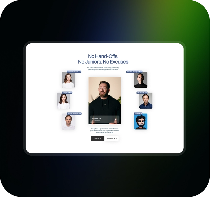 Website graphic with “No Hand-Offs. No Juniors. No Excuses.” Central man surrounded by six professional headshots, conveying confidence.