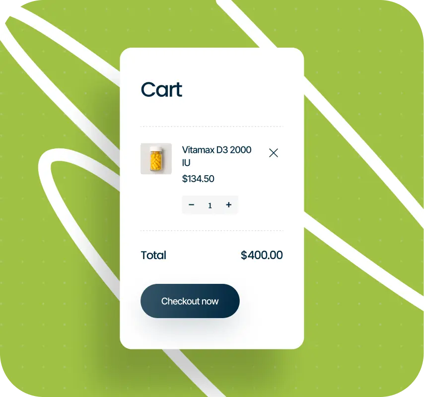 Shopping cart interface on a green abstract background, showing Vitamax D3 2000 IU, $134.50, quantity controls, $400 total, and checkout button.