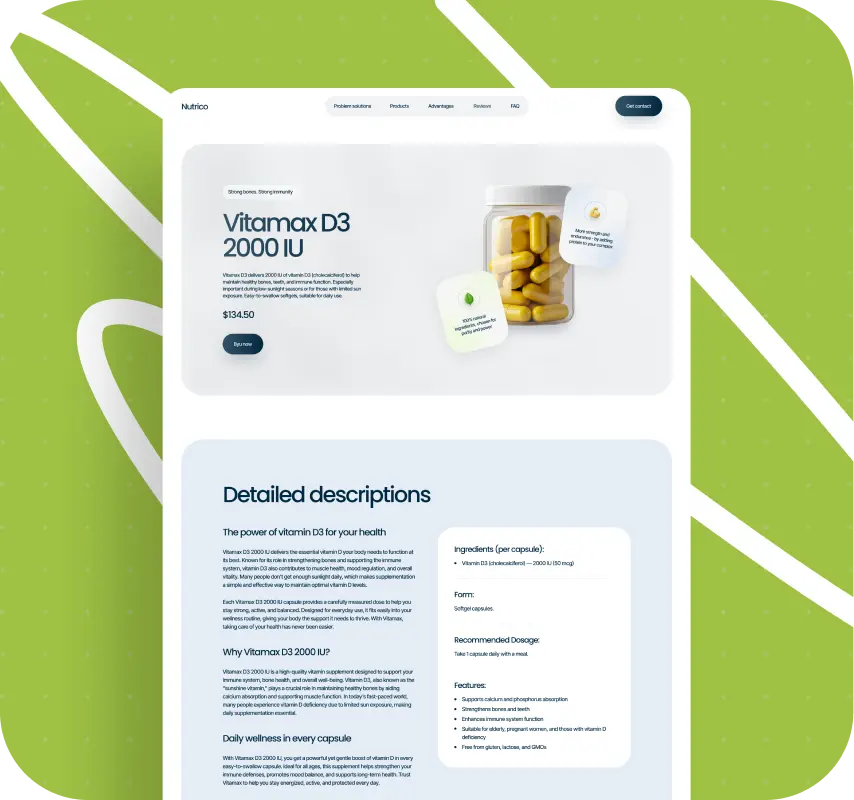 Vitamanx D3 2000 IU supplement webpage featuring yellow capsules, product details, ingredients, and a clean, informative design.