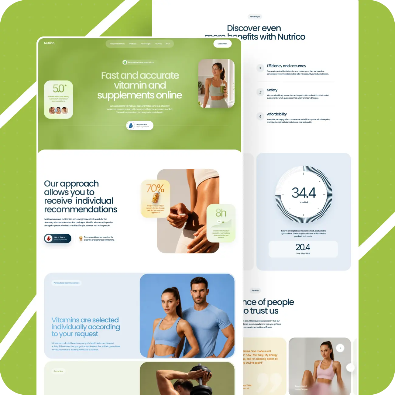 Green-and-white Nutrico website mockup promotes personalized vitamins, featuring diverse fitness models, supplement claims, and a 34.4 statistic.