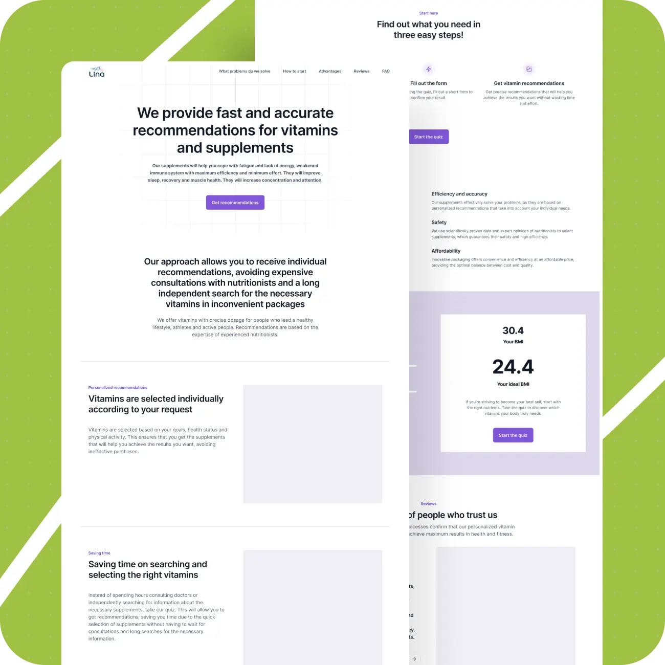 Website mockup for personalized vitamin and supplement recommendations, featuring an easy three-step process, wellness guidance, and a clean, trustworthy design.