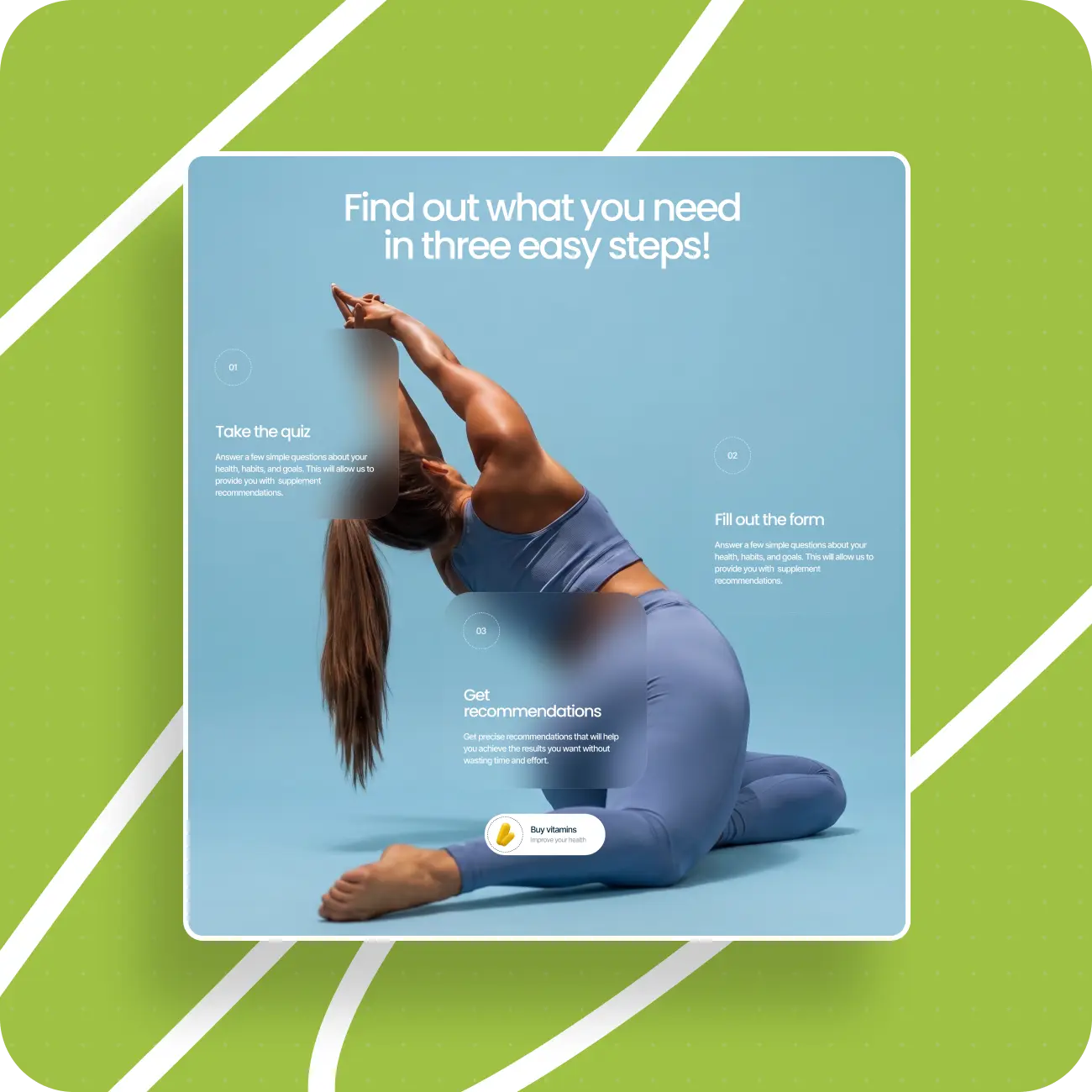 Wellness ad showing a woman in a blue yoga pose, with text outlining three easy steps: take a quiz, fill out a form, get recommendations.
