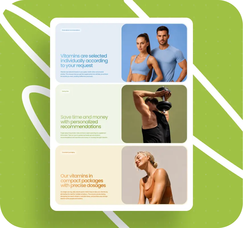 Promotional wellness graphic featuring personalized vitamins, fitness recommendations, and compact dosage packages with diverse active adults.