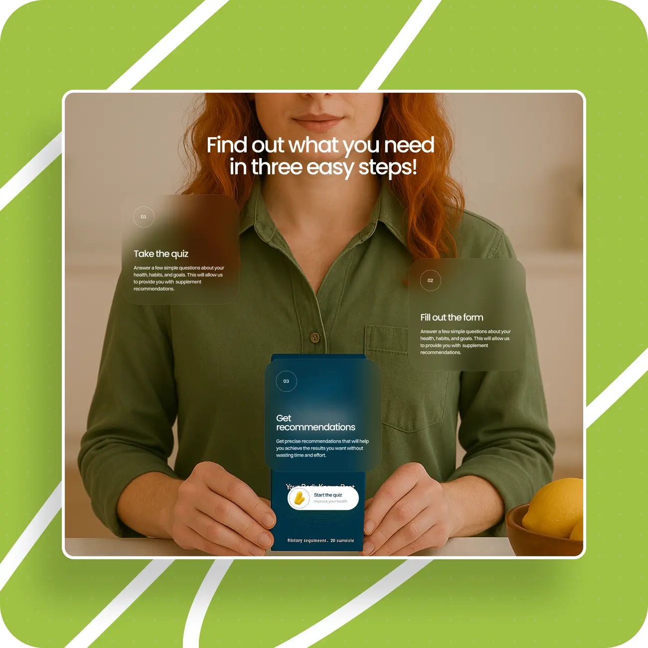 Promotional graphic of a woman in a green shirt holding a phone, showing a three-step recommendation quiz: take quiz, fill form, get results.