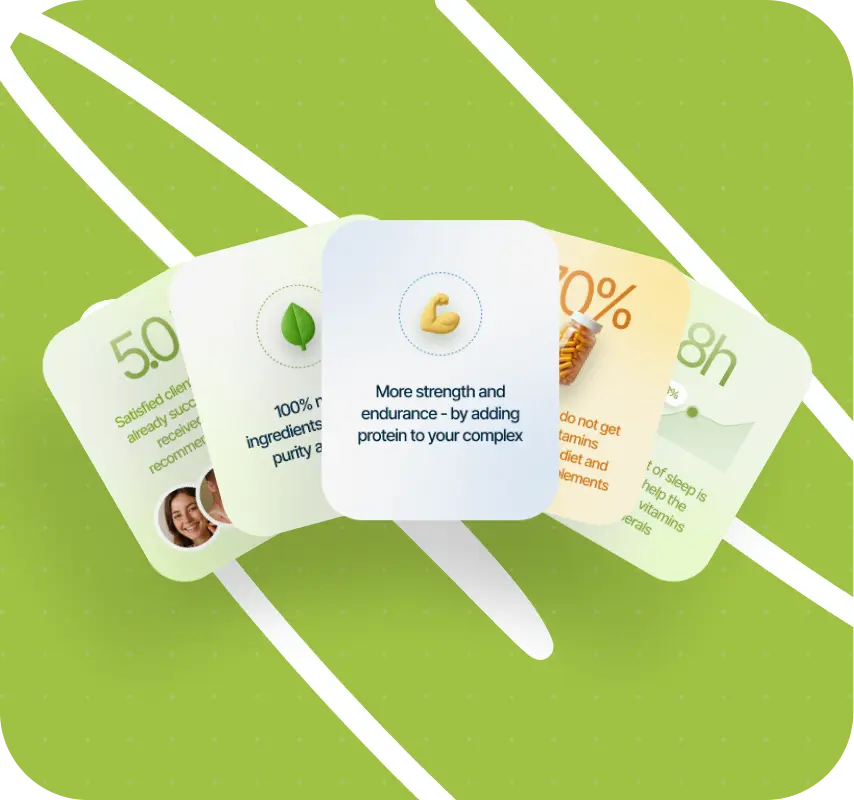 Five overlapping wellness cards on a lime-green background highlight nutrition benefits, including protein, strength, vitamins, and recovery.