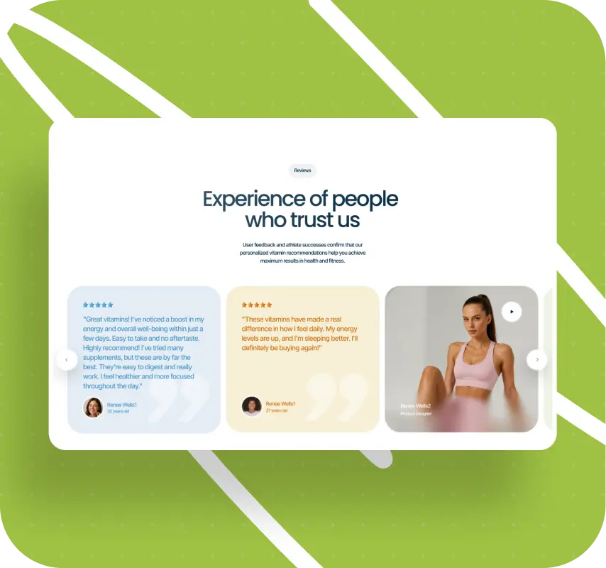 Green rounded graphic with white diagonal lines frames a testimonials webpage: headline, two quote cards, and a woman in pink workout clothes.