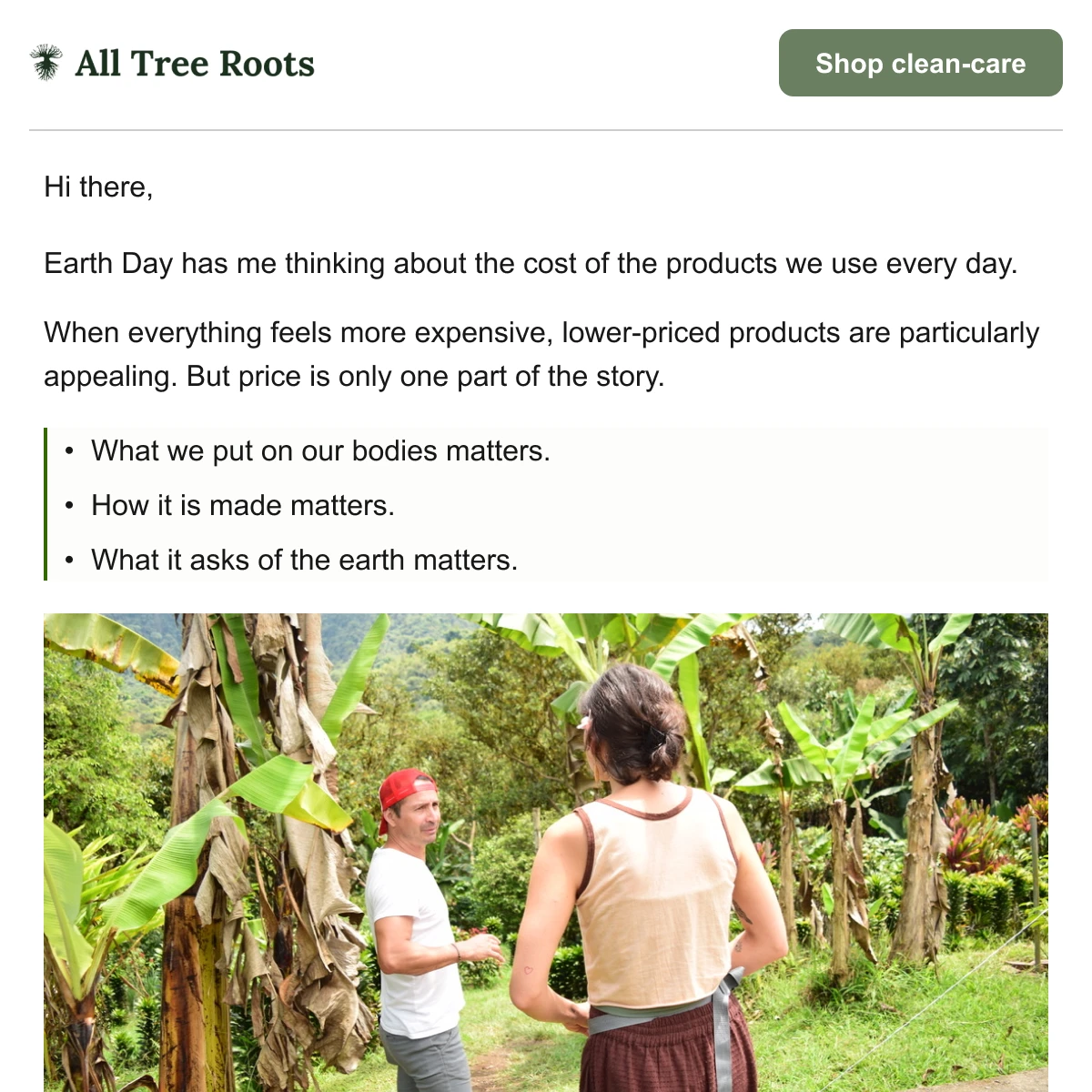 Newsletter featuring an Earth Day message about thoughtful, sustainable product choices and the impact of what we use on our bodies and the planet.
