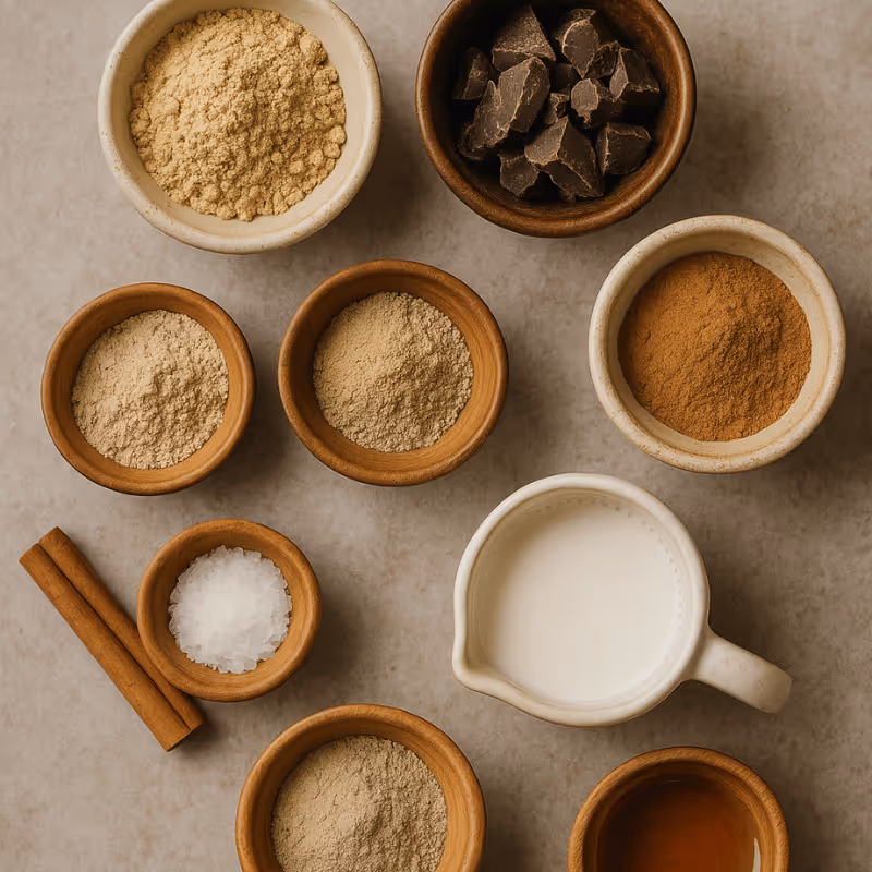Top-down view of adaptogenic cacao latte ingredients, including maca powder, ashwagandha, cacao chunks, cinnamon, sea salt, maple syrup, and plant-based milk arranged in ceramic and wooden bowls on a neutral surface.