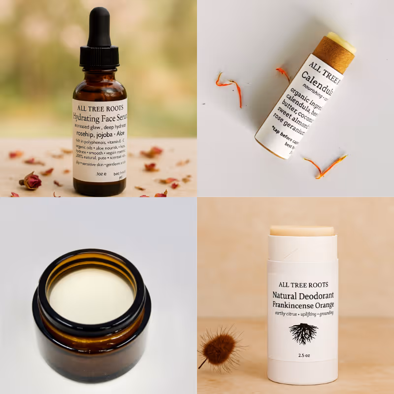 All Tree Roots natural products, lip balm, face serum, face cream and deodorant 