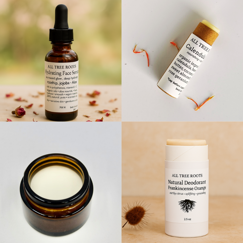 All Tree Roots natural products, lip balm, face serum, face cream and deodorant