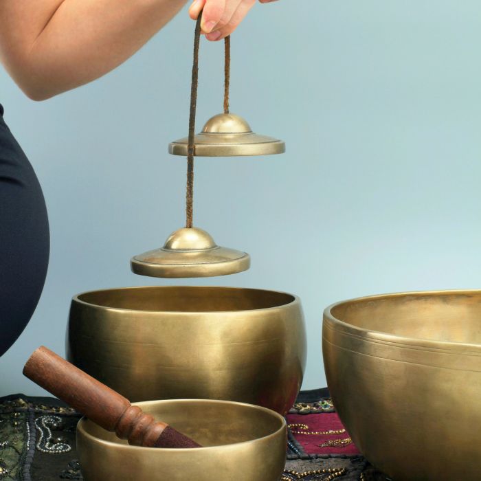 sound healing instruments, brass bowls and tingsha bell