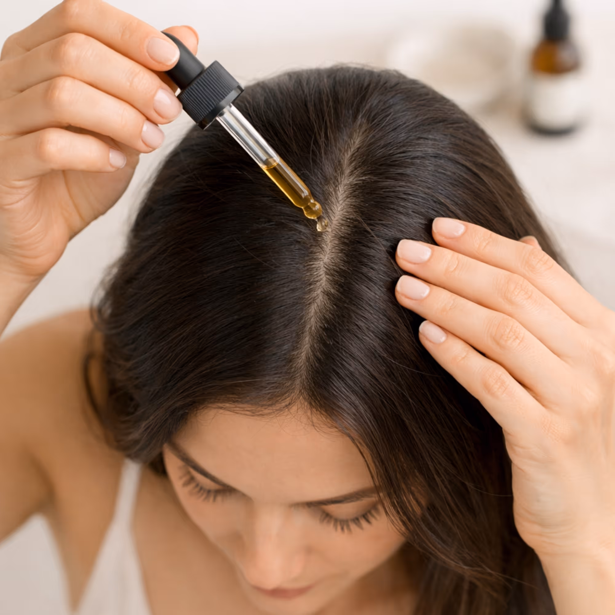 A top-down, minimalist photo of a woman applying All Tree Roots hair growth oil to her scalp with a dropper, with a blurred bottle in the background.