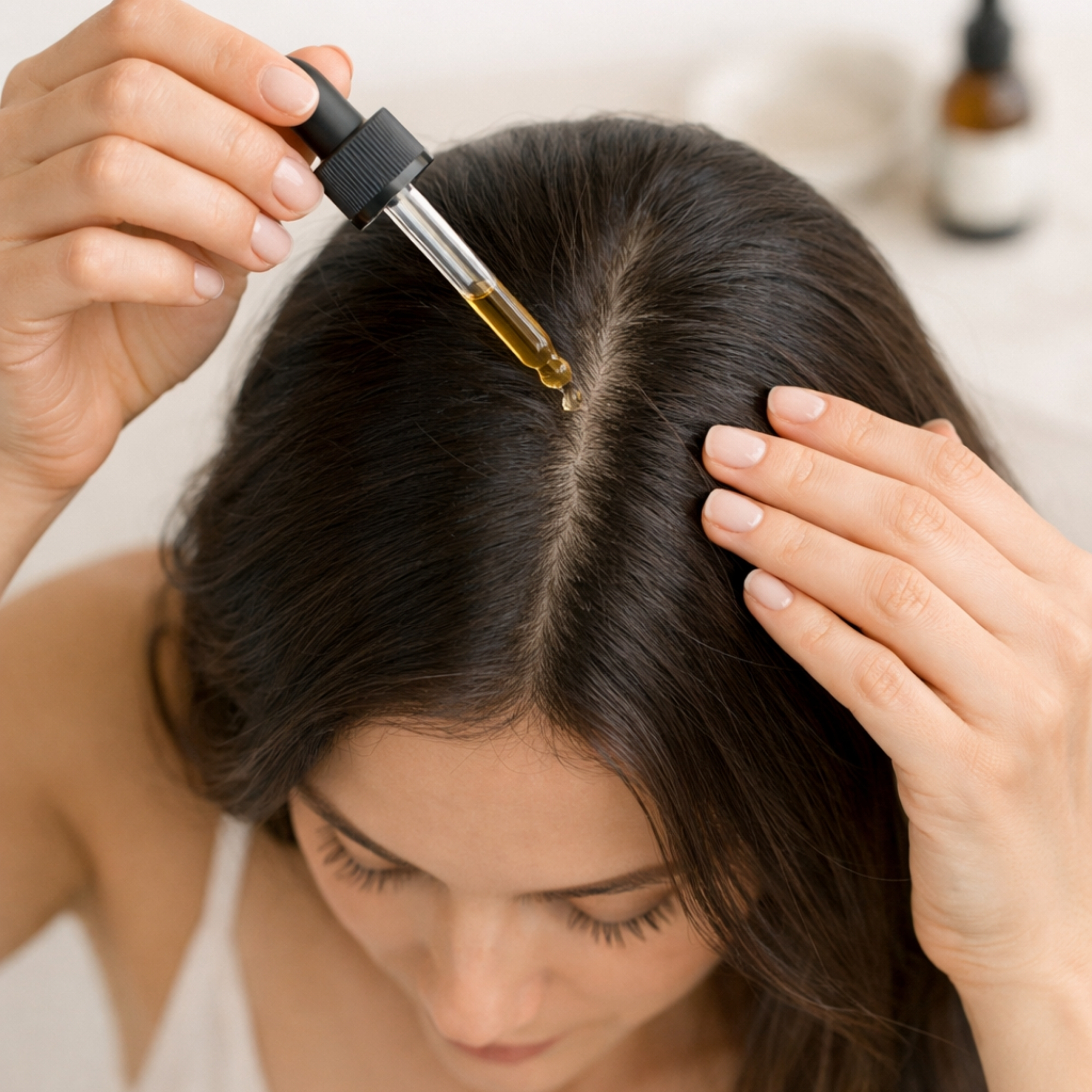 A top-down, minimalist photo of a woman applying hair growth oil to her scalp with a dropper, with a blurred bottle in the background.