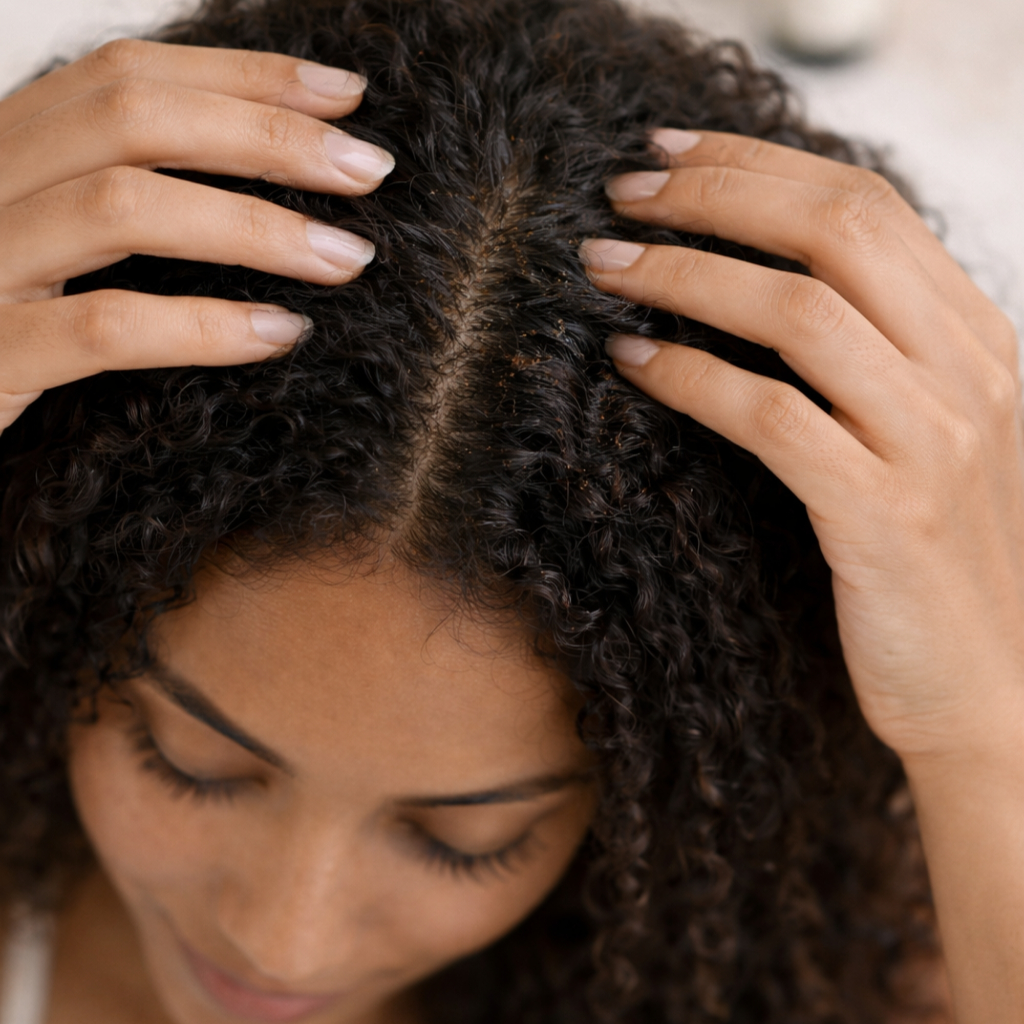 Top-down view of hands massaging All Tree Roots Hair Growth Oil into the scalp of curly hair, highlighting a nourishing scalp treatment ritual.