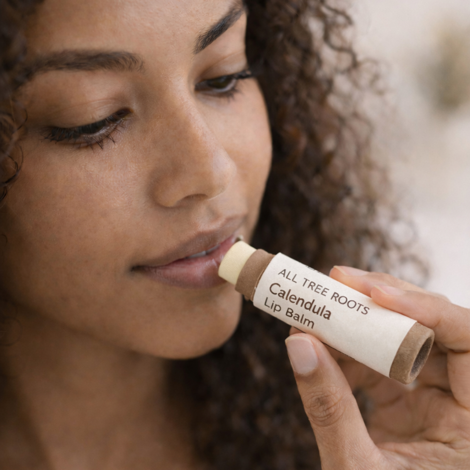 Close-up of a woman applying All Tree Roots Calendula Lip Balm from a brown kraft paper tube with a white label, styled in soft natural light.