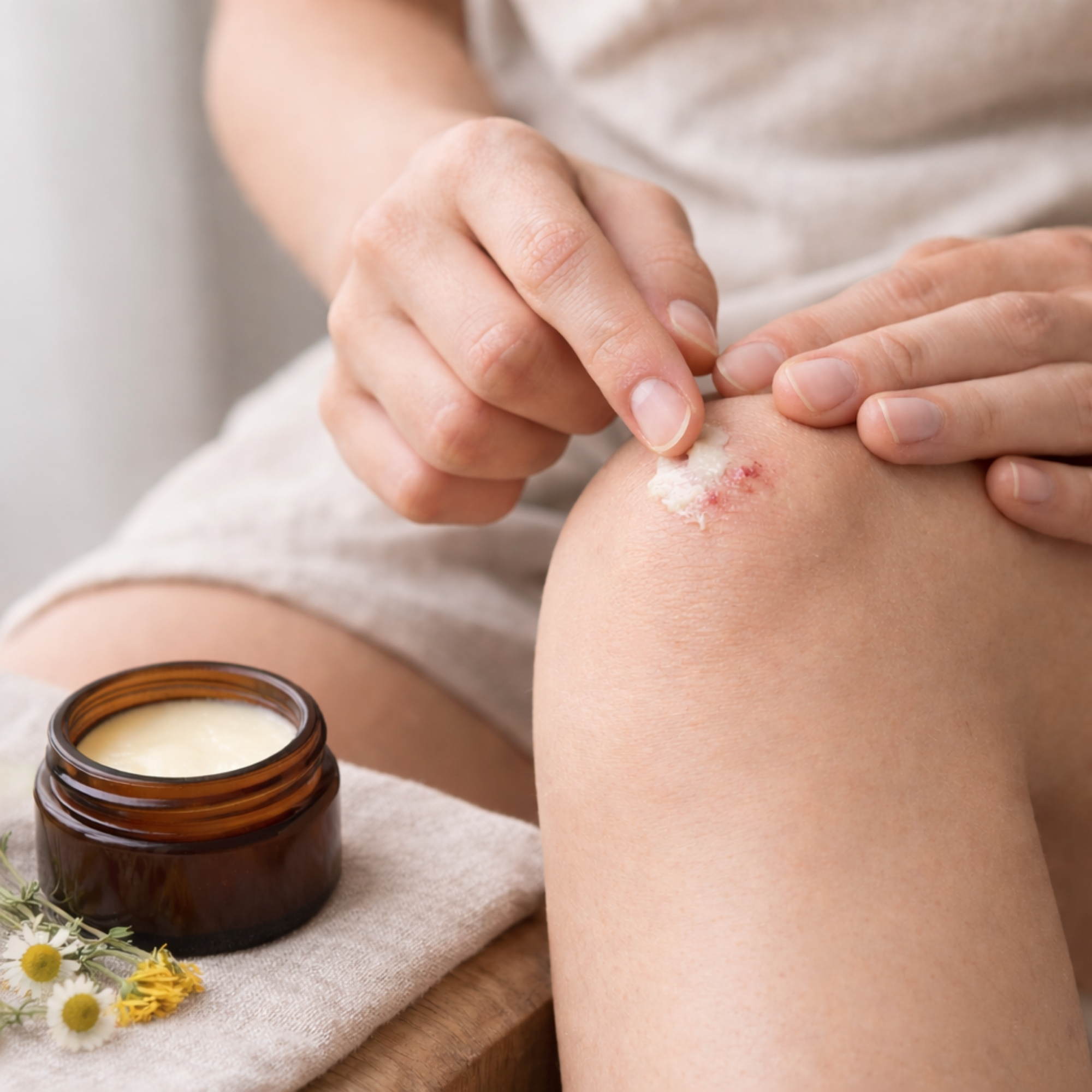Hand applying All Tree Roots Healer Salve to a small scrape for soothing, skin-supportive care.
