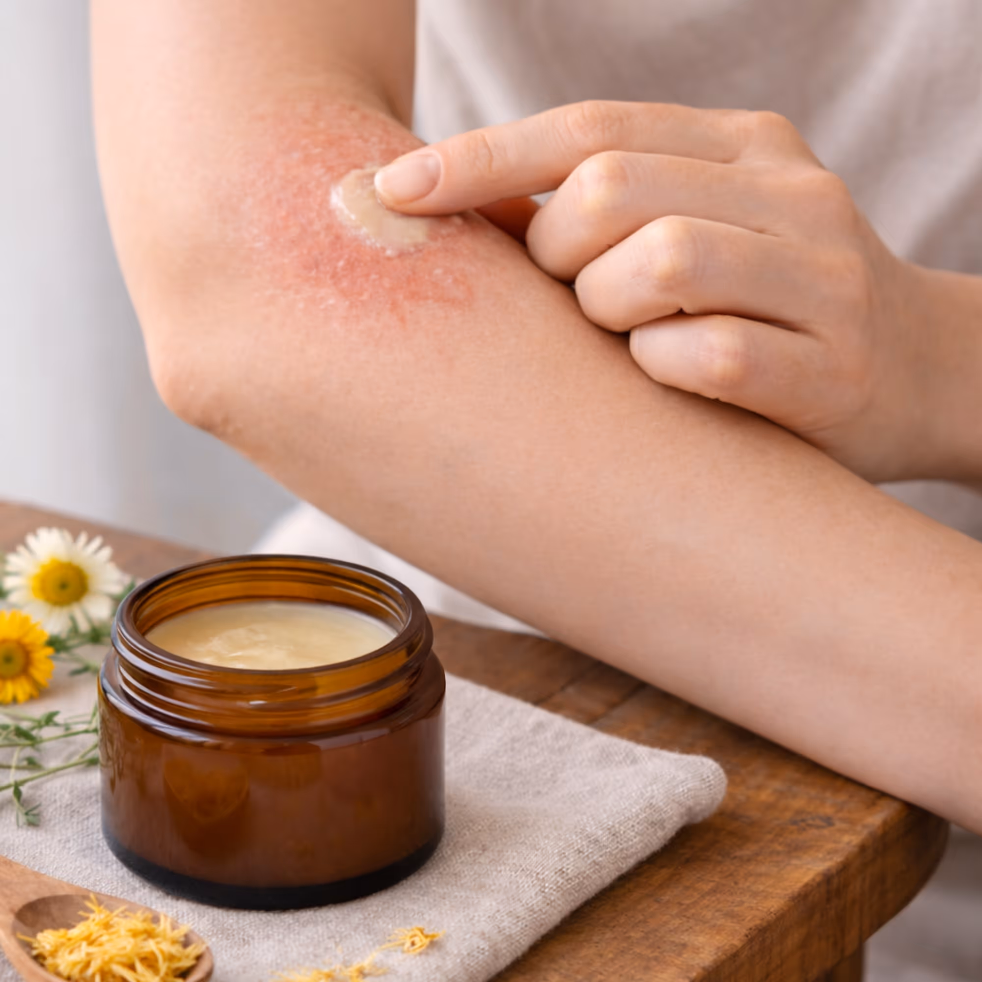 All Tree Roots Calendula Salve applied to skin from an amber glass jar to soothe dry, irritated areas.