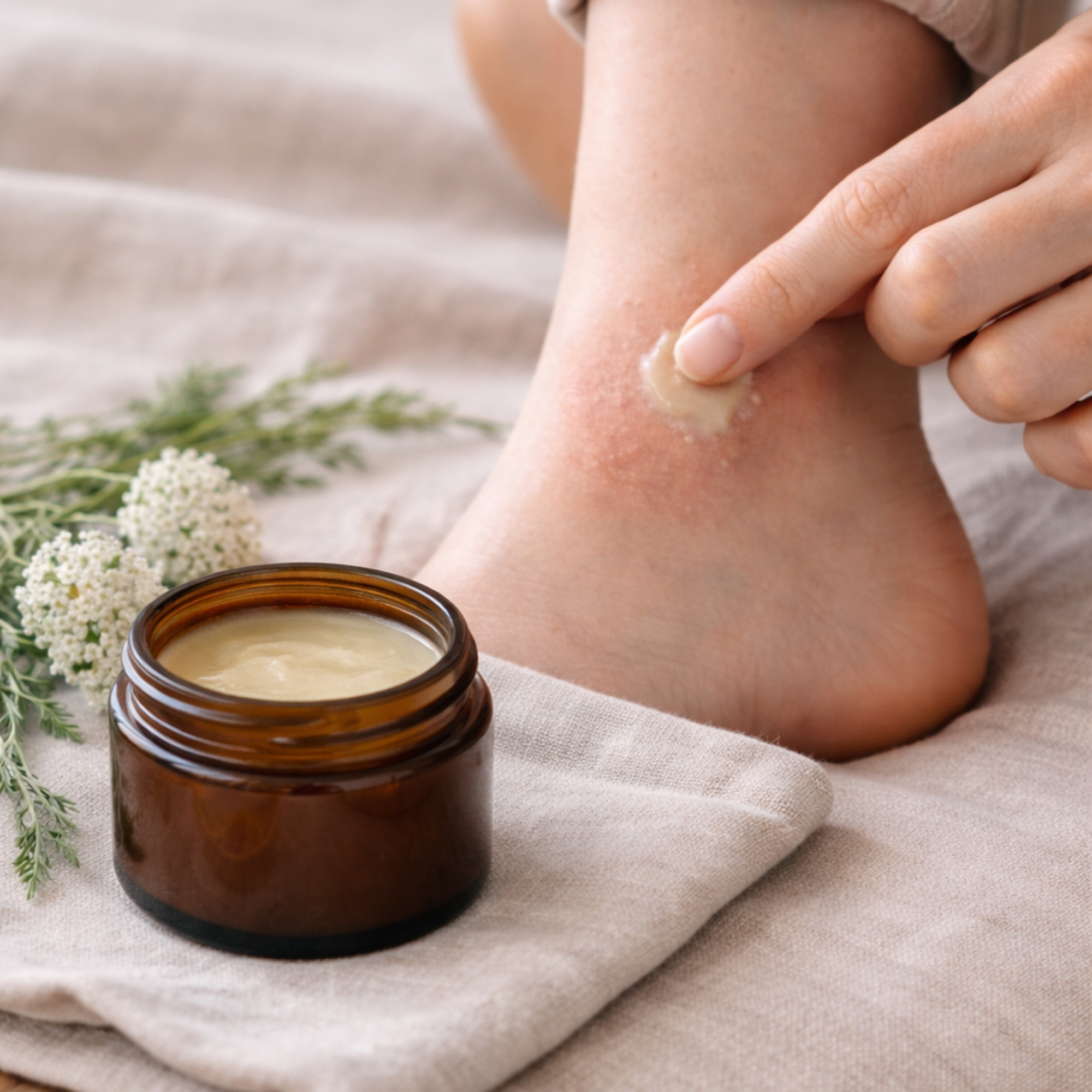 Applying All Tree Roots Yarrow Salve to dry, irritated skin on the heel for gentle herbal support.