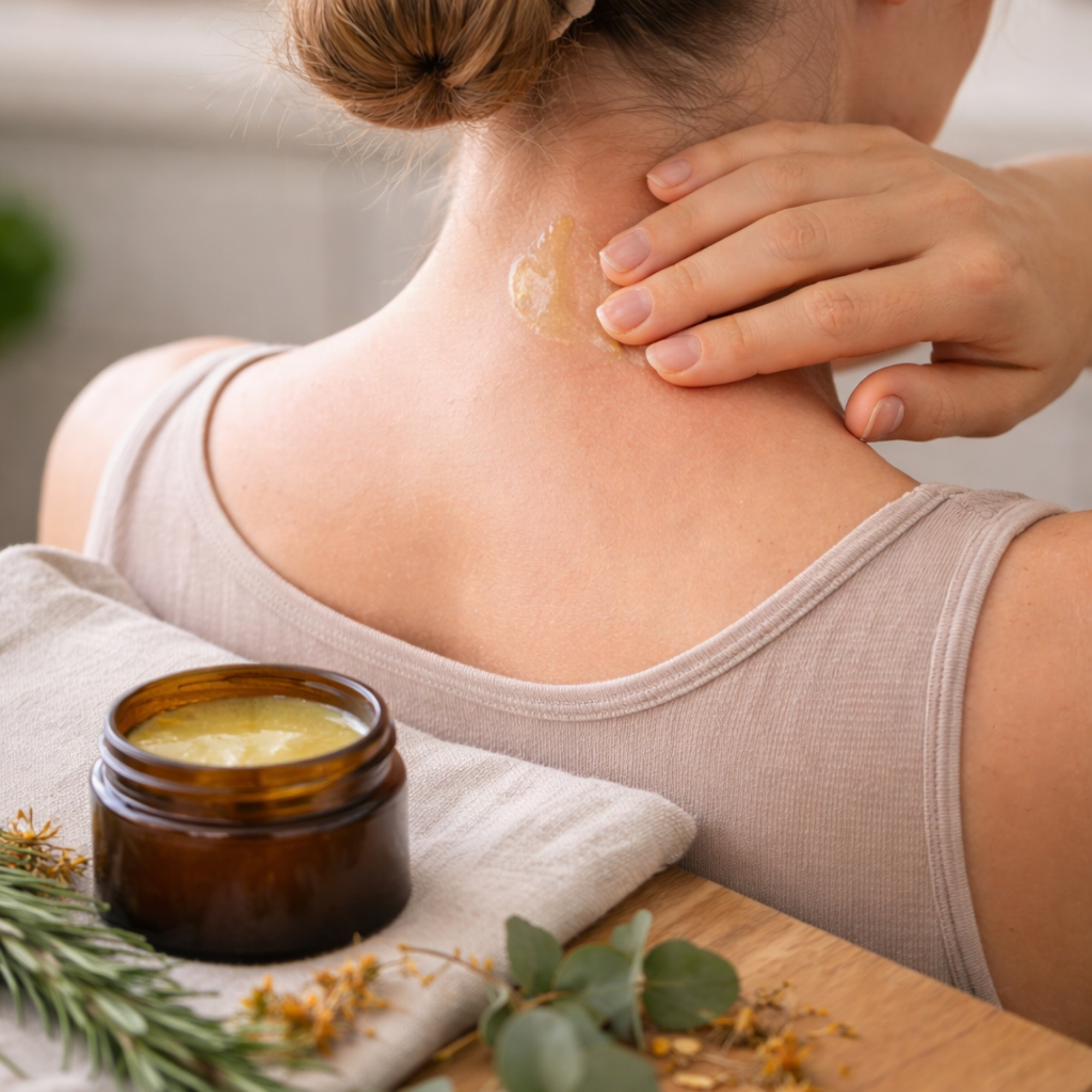 Woman applying all three roots soother salve to the back of her neck, with an unlabeled amber glass jar of balm on a linen cloth beside rosemary, arnica flowers, and eucalyptus.