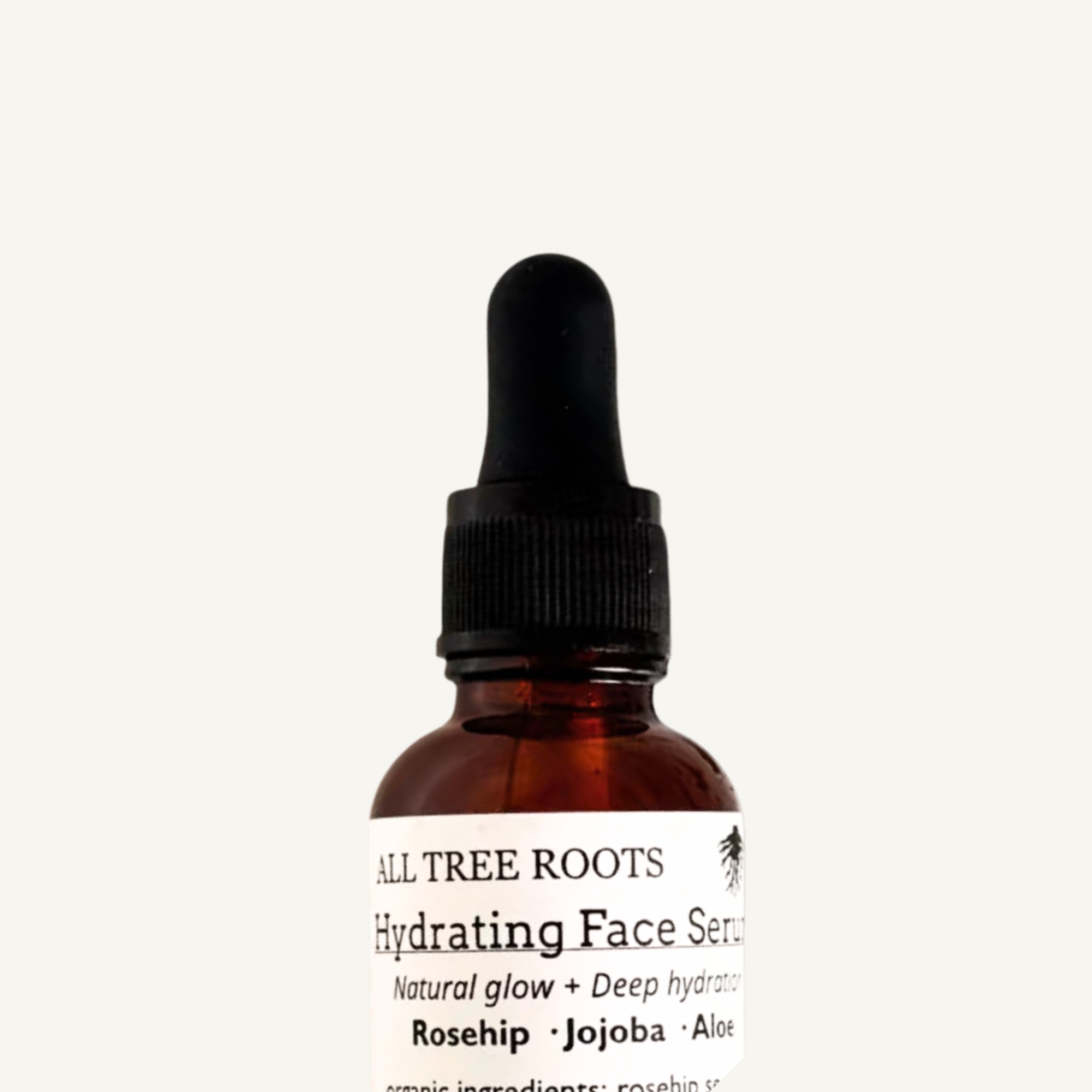 All Tree Roots Hydrating Face Serum bottle label close-up, organic facial serum for dry, sensitive skin hydration.