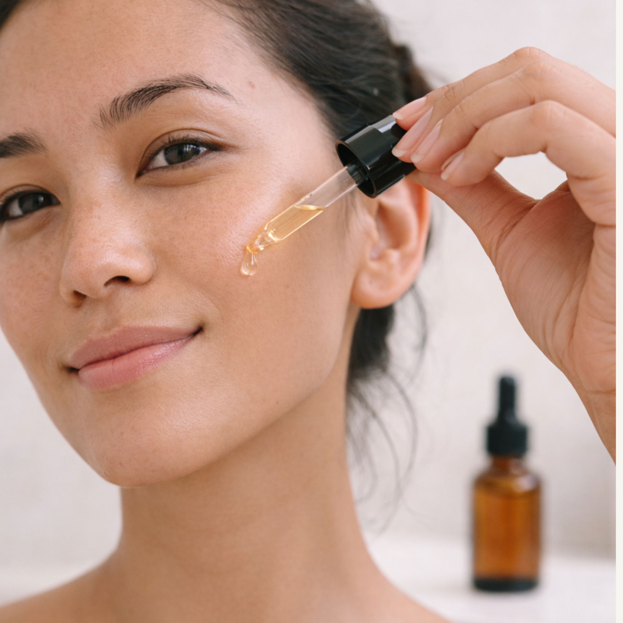 Applying All Tree Roots Hydrating Face Serum to face, lightweight hydrating facial serum for a dewy, radiant finish