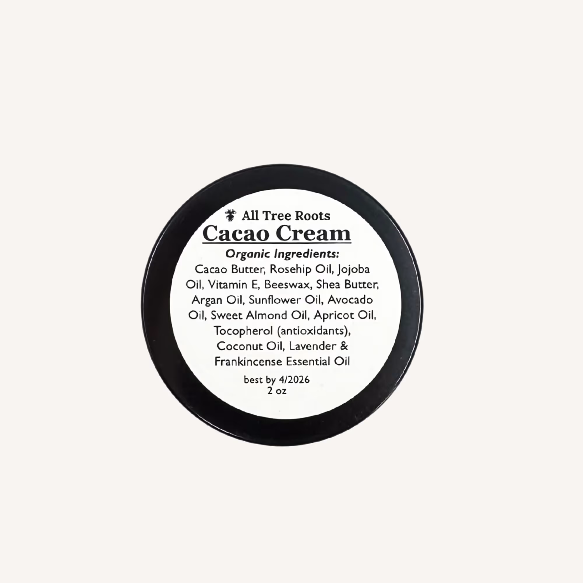 All Tree Roots Cacao Face Cream label on an amber glass jar, a whipped cacao butter moisturizer for dry and sensitive skin.