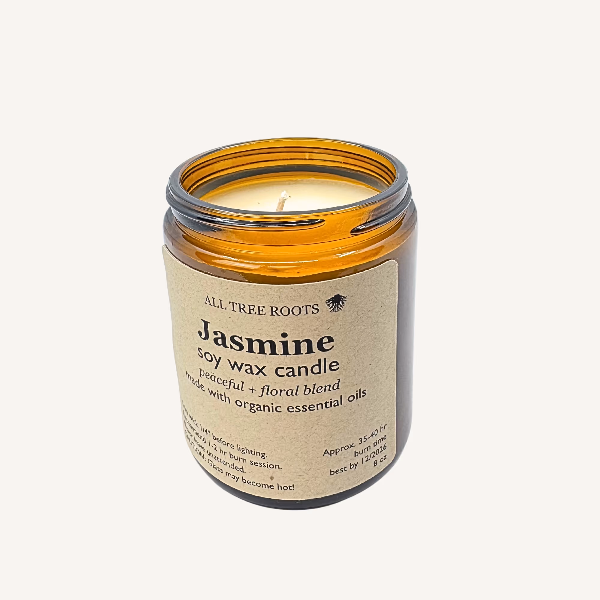 Jasmine essential oil soy candle in amber glass jar by All Tree Roots