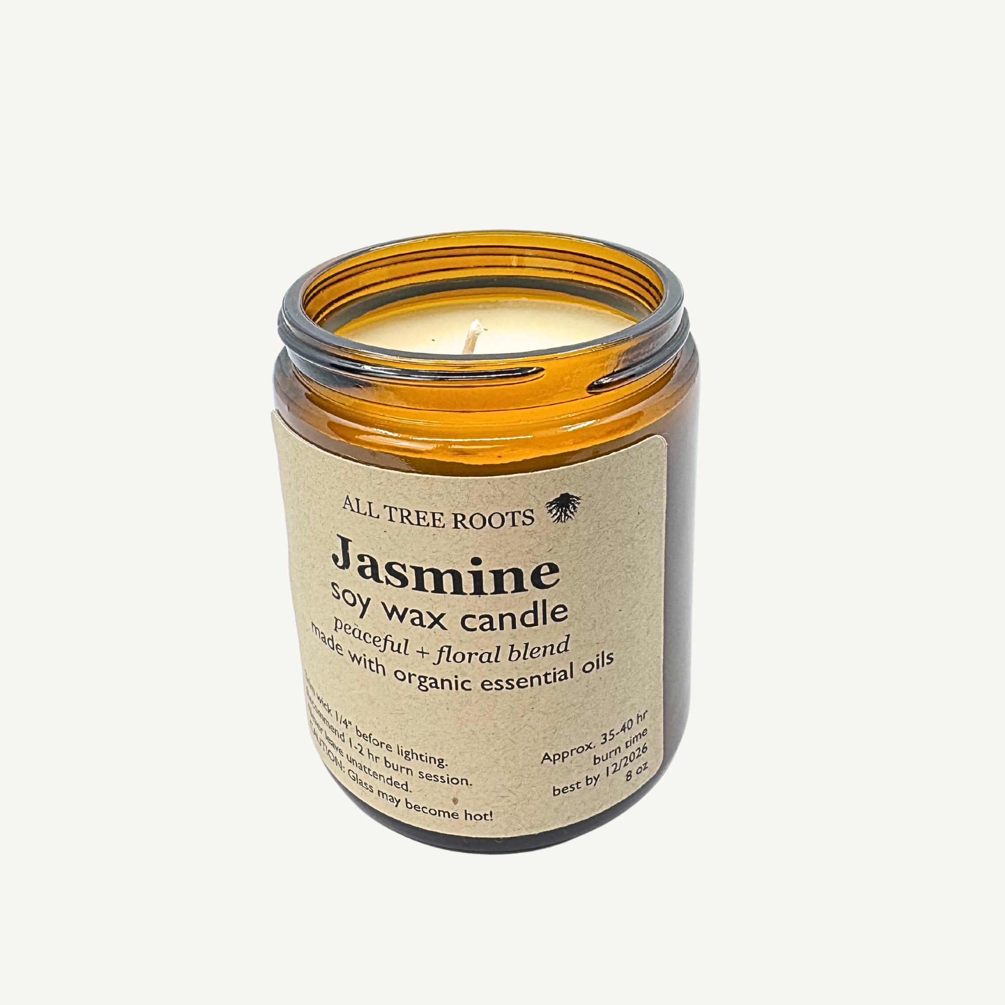 Jasmine essential oil soy candle in amber glass jar by All Tree Roots