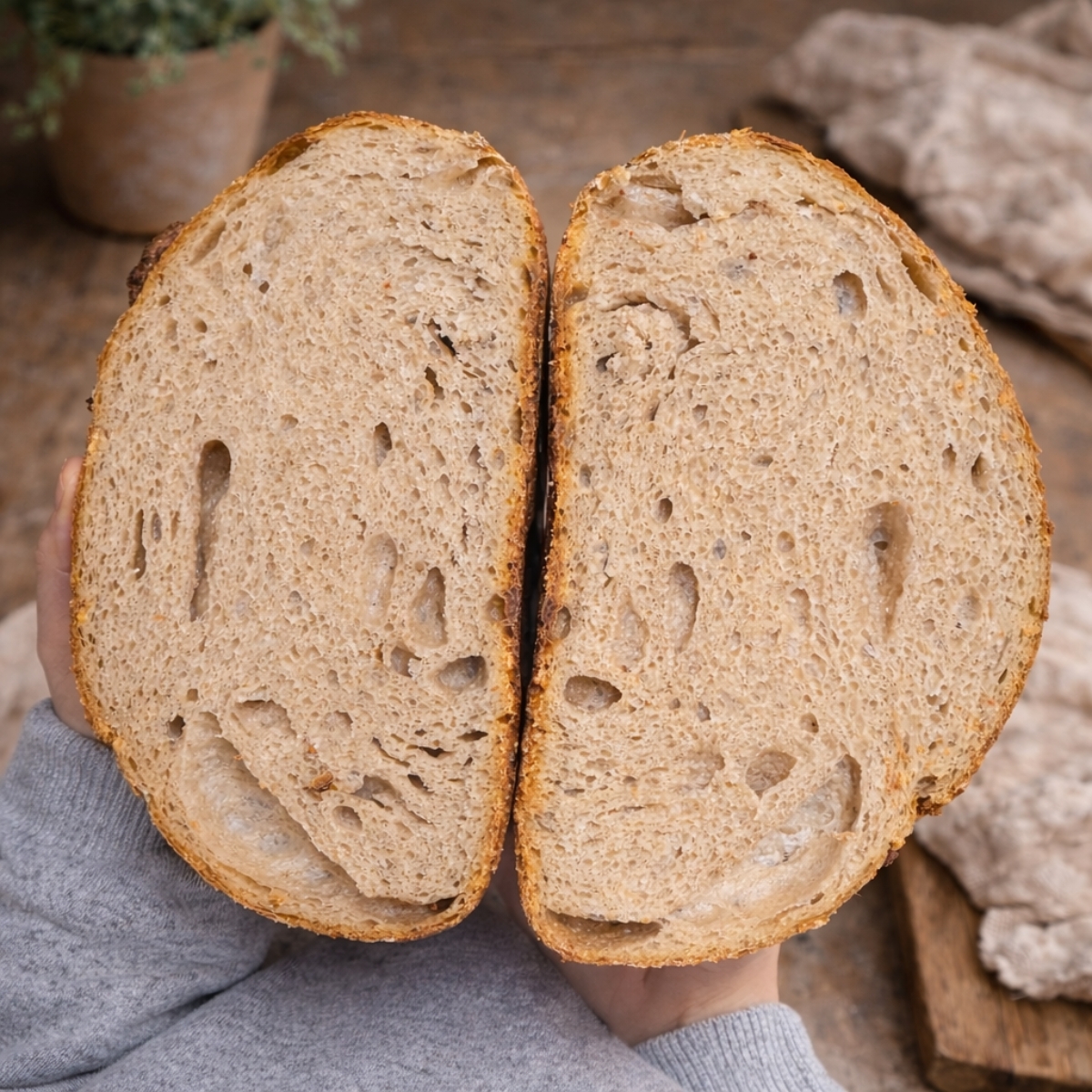 Close up of sliced easy sourdough bread showing an airy crumb structure and golden crust, held in hands against a rustic wooden background.