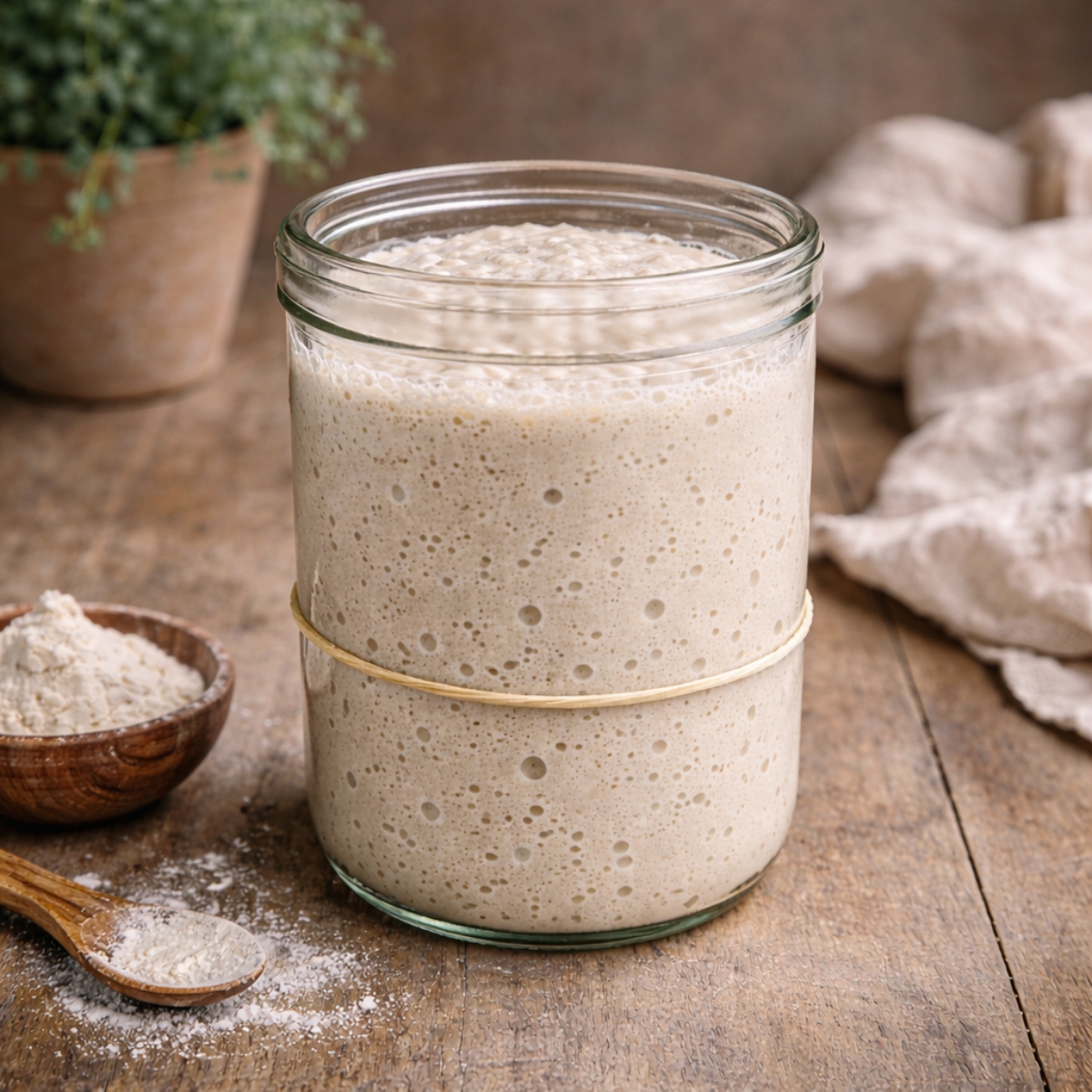 Active sourdough starter in a wide mouth mason jar at peak rise, showing bubbles and fermentation on a rustic wooden surface.