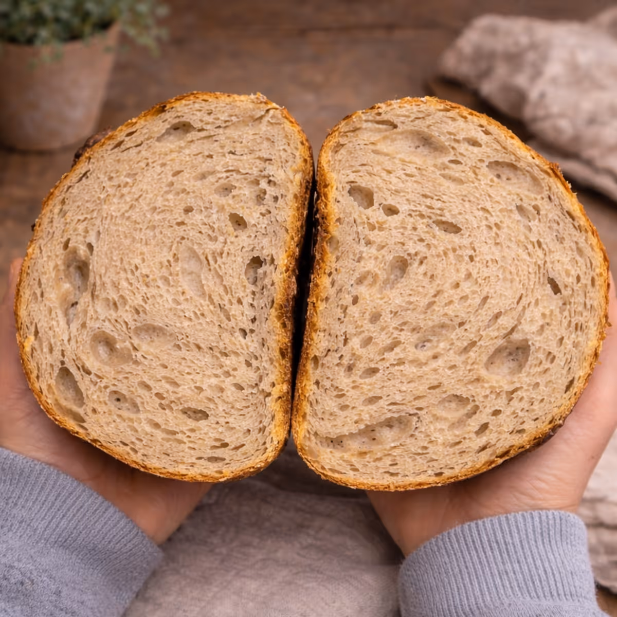 Sliced homemade sourdough bread showing an open, airy crumb and golden crust, photographed slightly zoomed out to highlight the interior texture.