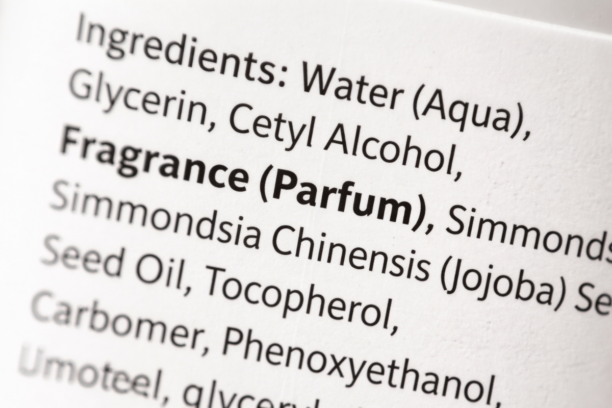 Close-up of a skincare ingredient label highlighting “Fragrance (Parfum)” in the ingredient list.