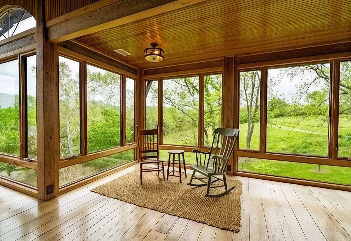Two wooden rocking chairs and a small round table sit on a woven rug in a sunroom overlooking trees and a grassy meadow.