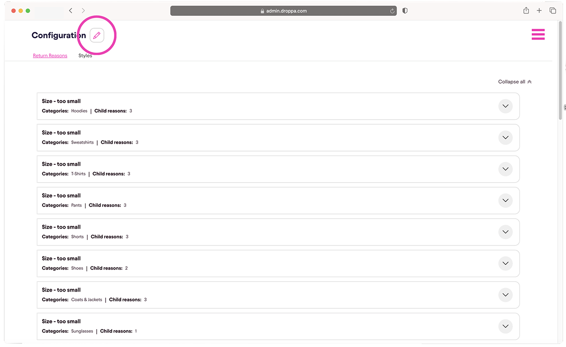 Admin configurations page, showing what the frame looks like when editing return reasons. 