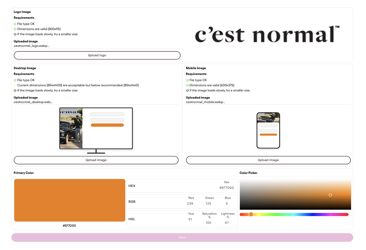 The admin configuration page showing how the frame looks when configuring branding. 