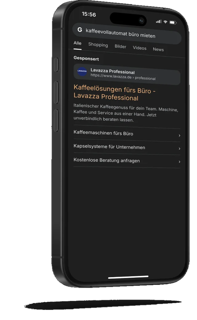 Google-Suchanzeige von Lavazza Professional auf dem Smartphone