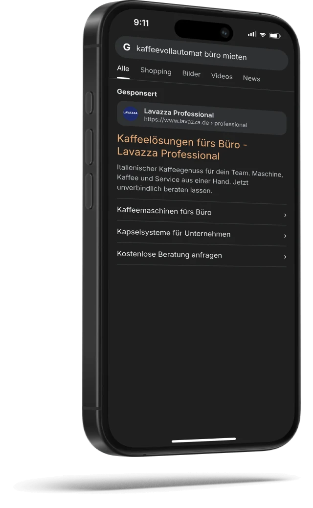 Google-Suchanzeige von Lavazza Professional auf dem Smartphone