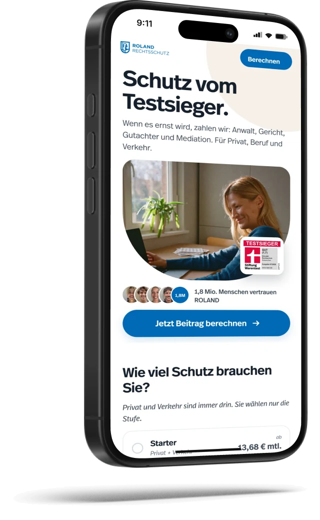 Landingpage für ROLAND Rechtsschutz auf dem Smartphone