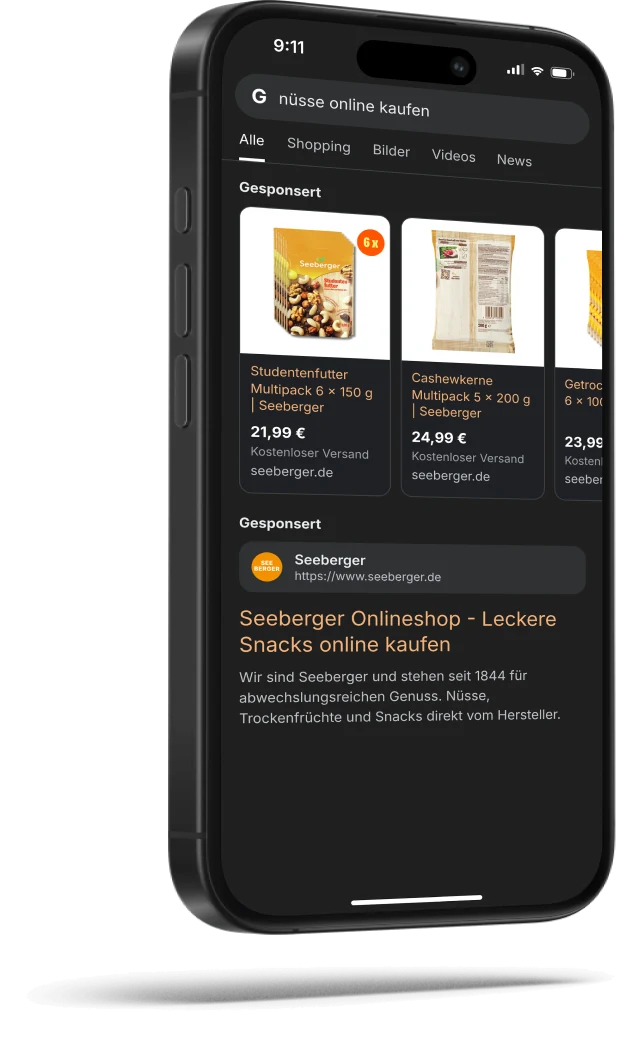 Seeberger-Shoppinganzeigen in der Google-Suche auf dem Smartphone