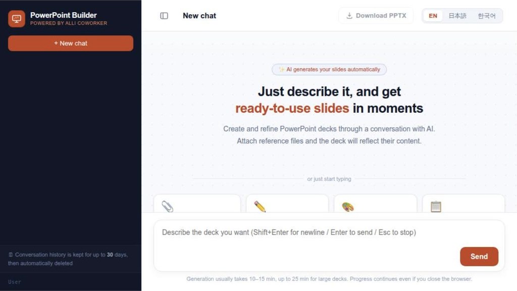 AI PowerPoint Builder template — describe a deck in chat and download it as PPTX