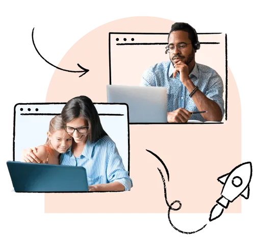 Smiling people framed by illustrations of computer screens