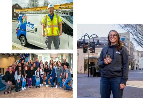 A collage of three images showing a large group of Ting employees in an office, and member of the construction team and a member of the customer support team