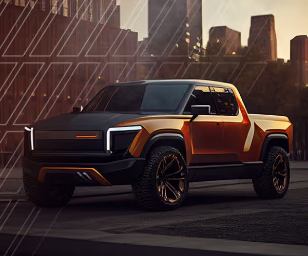 A futuristic EV truck parked in the city