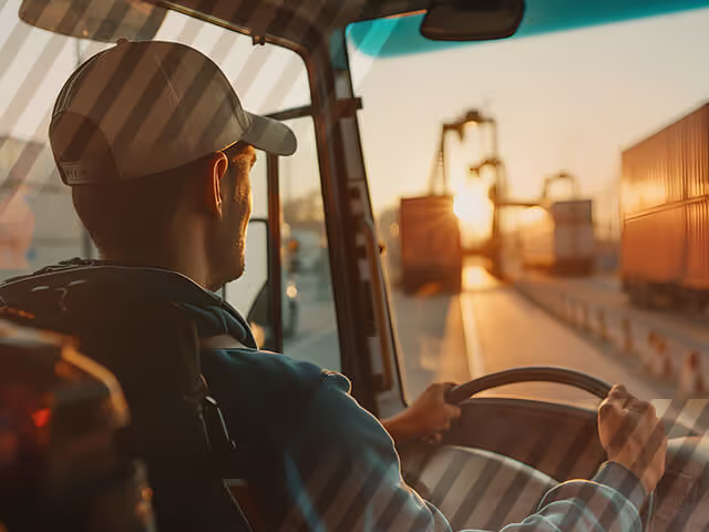 A truck driver holding steering wheel in busy shipping yard.