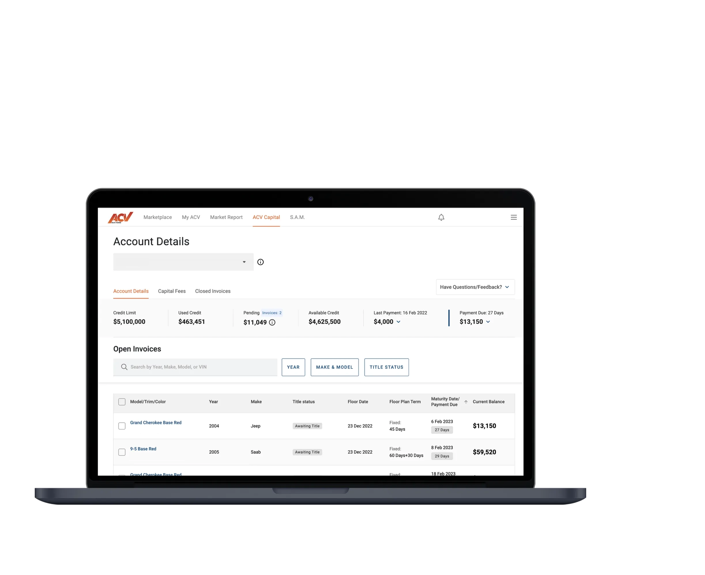 Online car dealer auction platform interface.