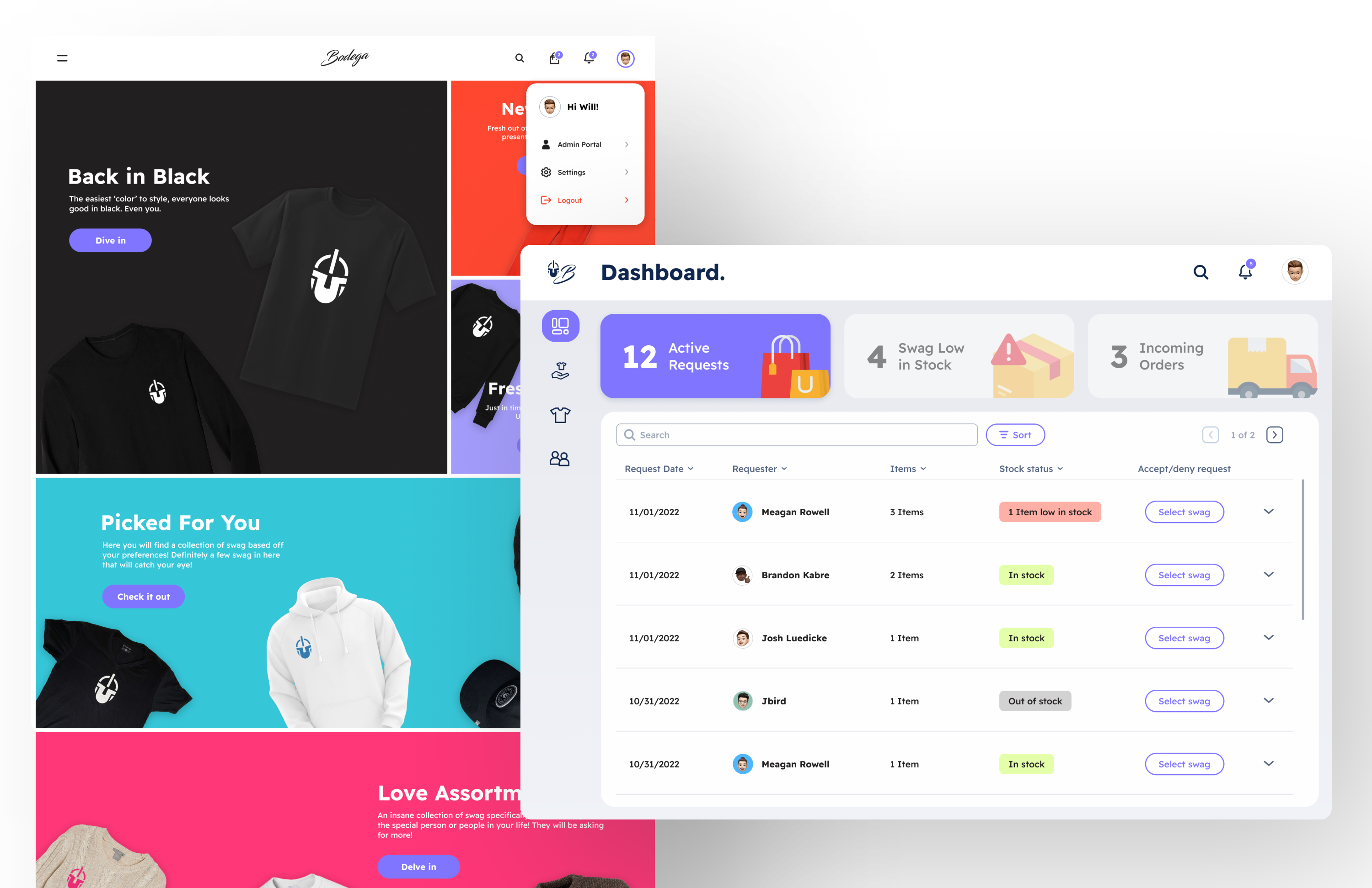 Admin portal access through bodega e-commerce site