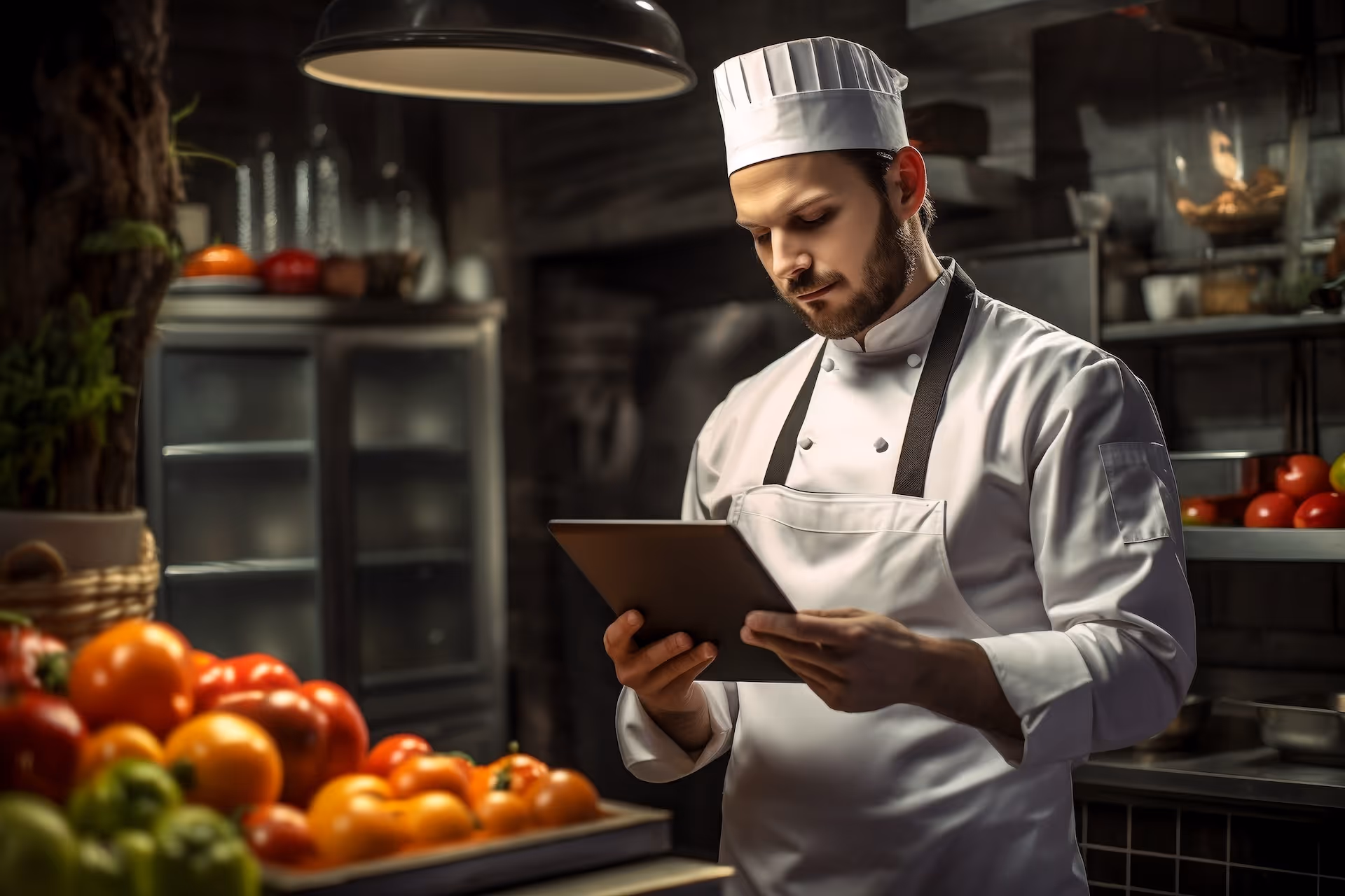 The restaurant chef places a kitchen grocery order using a tablet