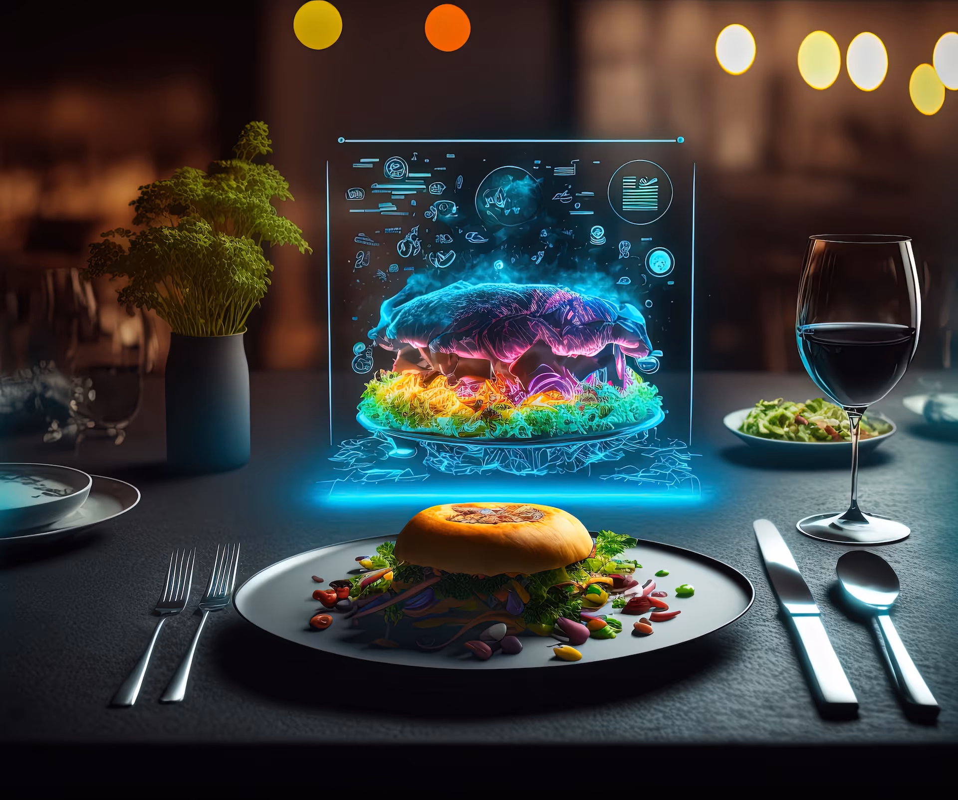 Futuristic restaurant with hologram or smart panel interface